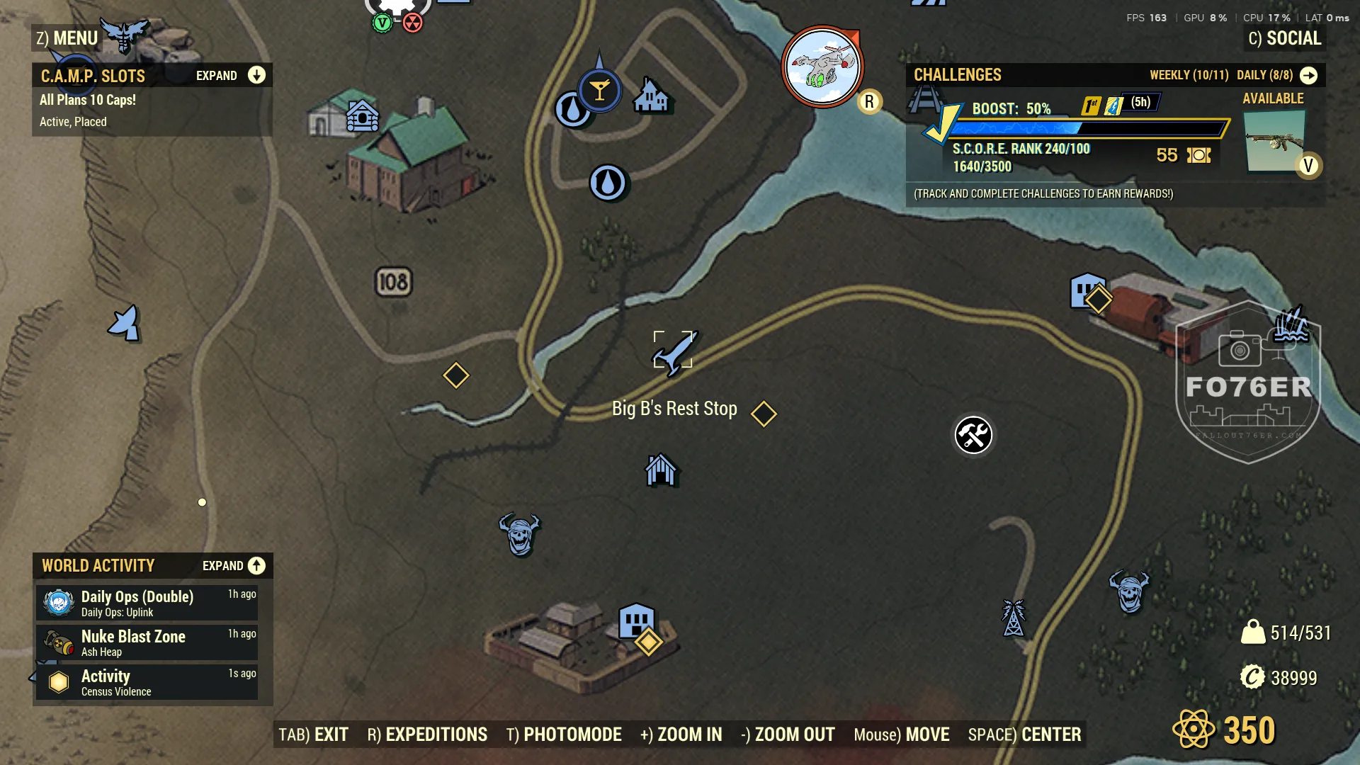 Stingwing spawn map — Big B's Rest Stop (The Mire), Fallout 76
