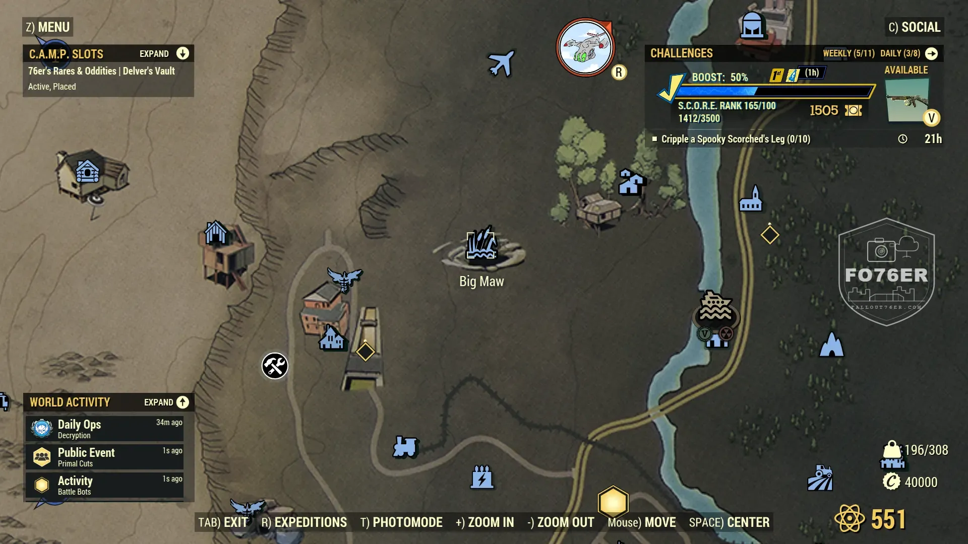 Tick spawn map — Big Maw (The Mire), Fallout 76