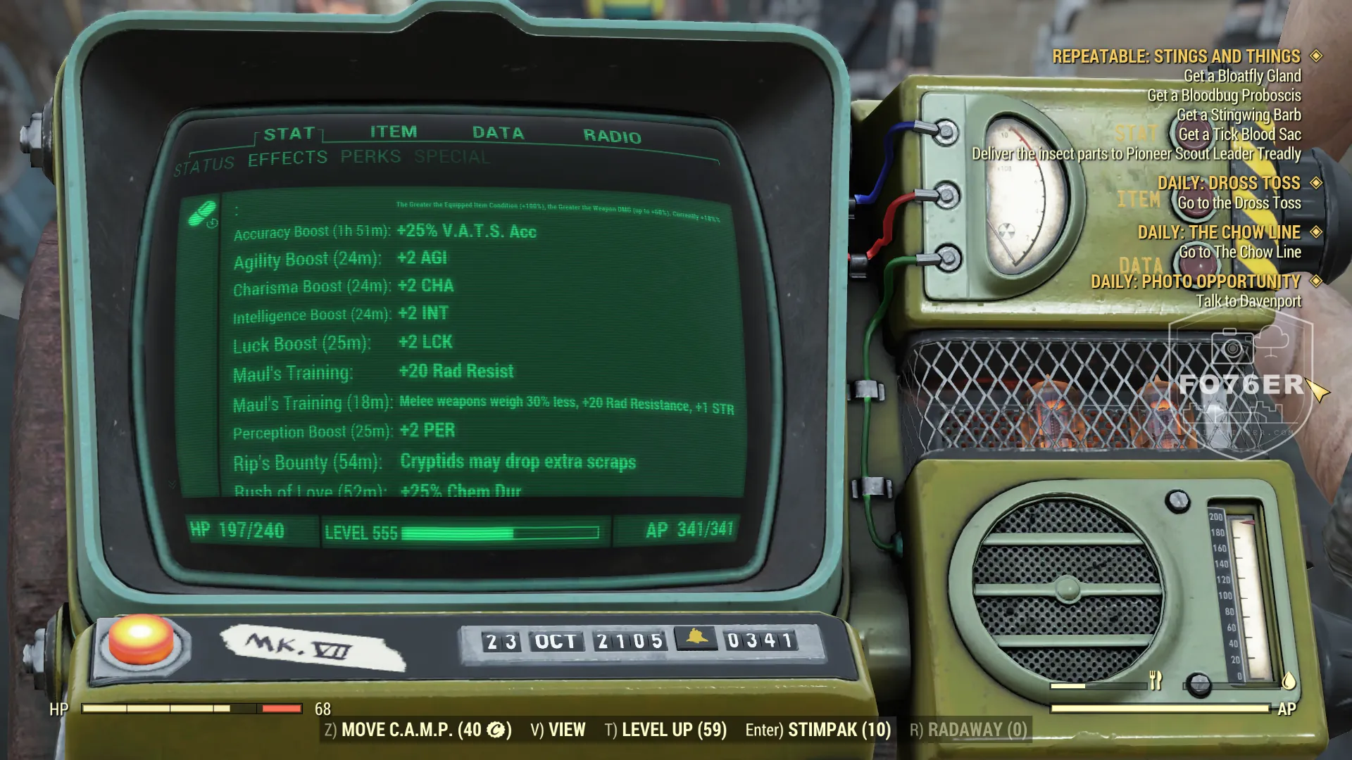 Fallout76er active buffs page 1: Accuracy Boost, Agility/Charisma/Intelligence/Luck/Perception Boost, Maul's Training, Rip's Bounty