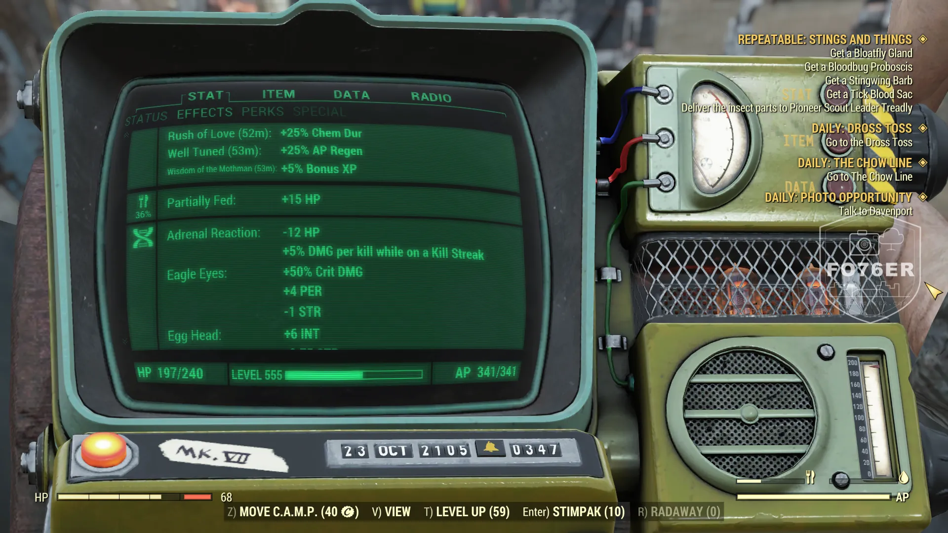 Fallout76er active buffs page 2: Rush of Love, Well Tuned, Wisdom of the Mothman, Partially Fed, plus mutation effects