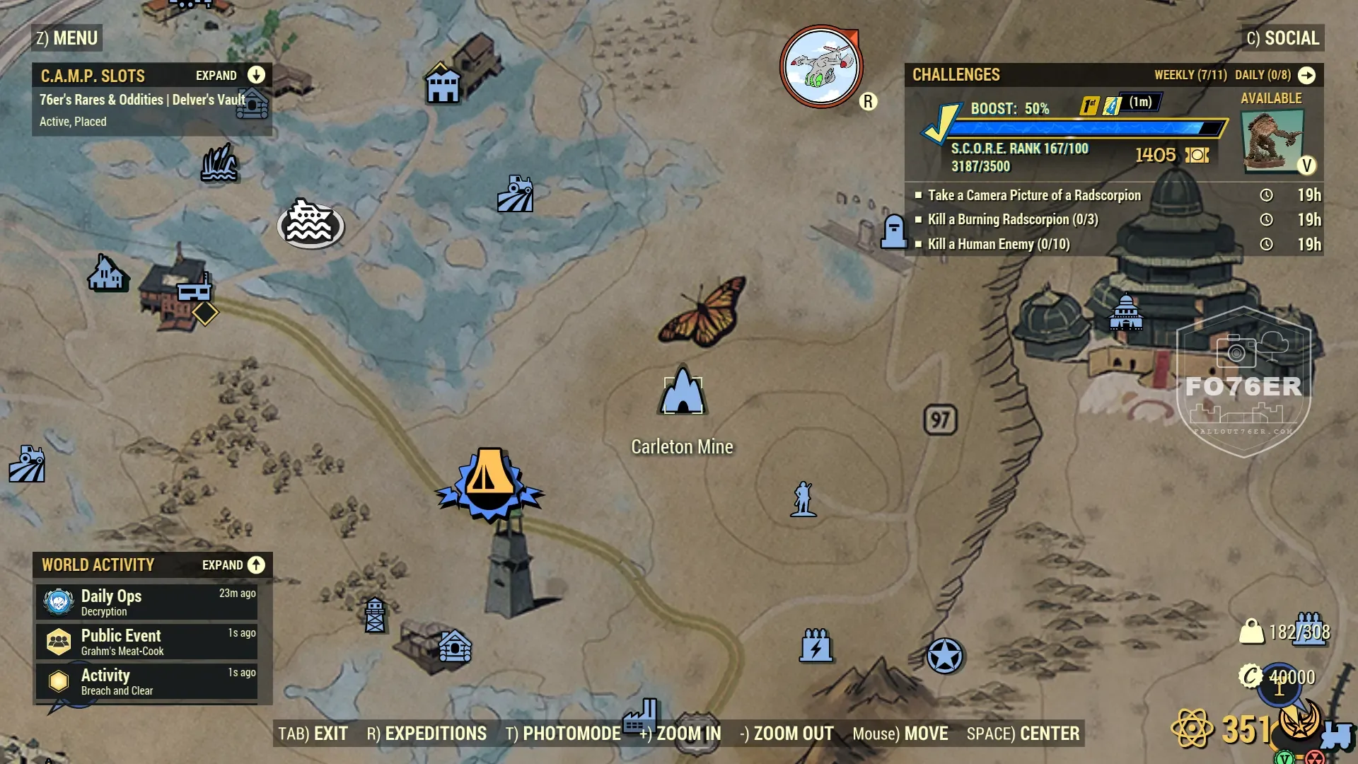 Radscorpion spawn map — Carleton Mine (Toxic Valley), Fallout 76
