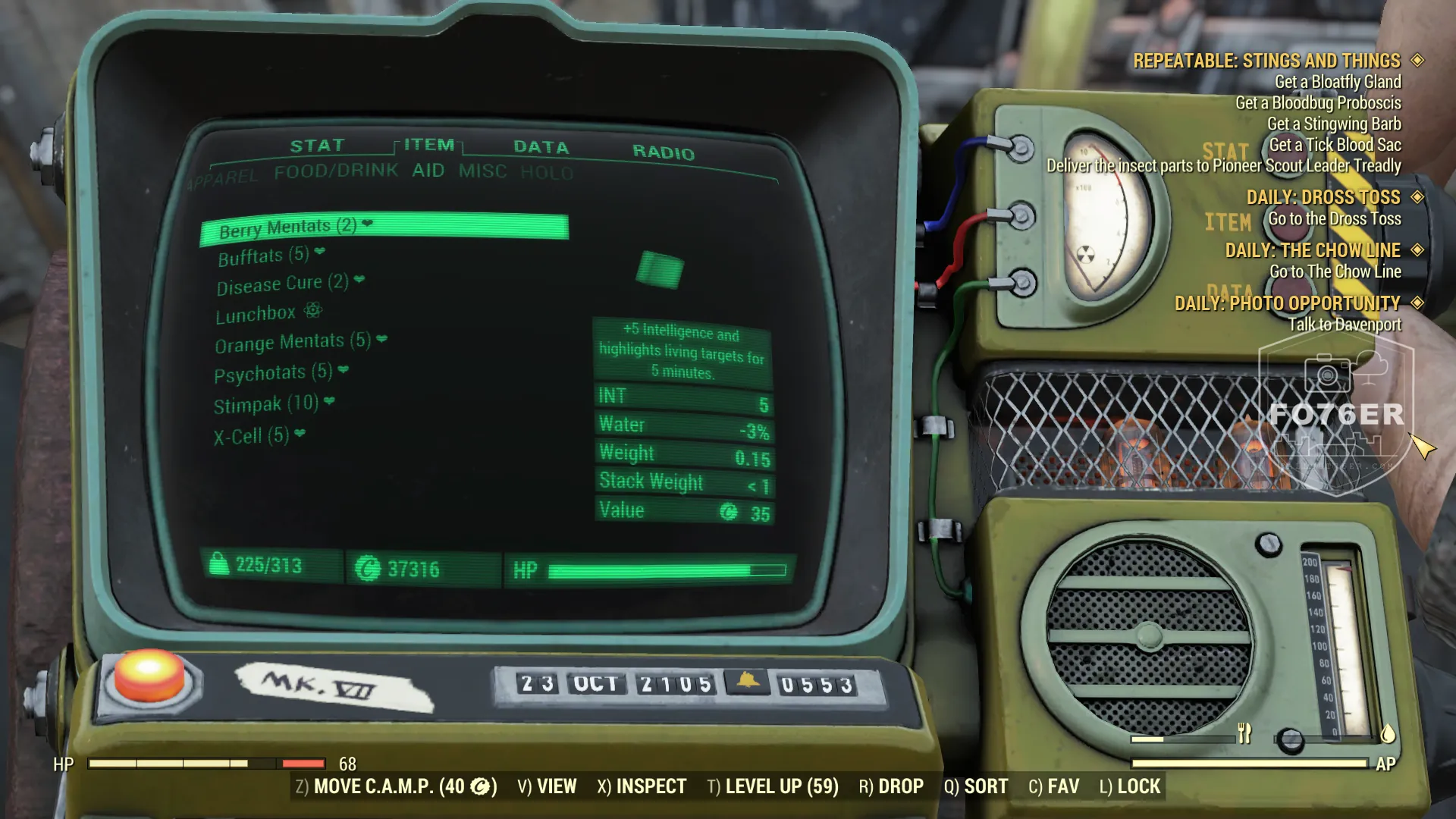Fallout76er Aid inventory: Berry Mentats, Bufftats, Disease Cure, Lunchbox, Orange Mentats, Psychotats, Stimpak, X-Cell