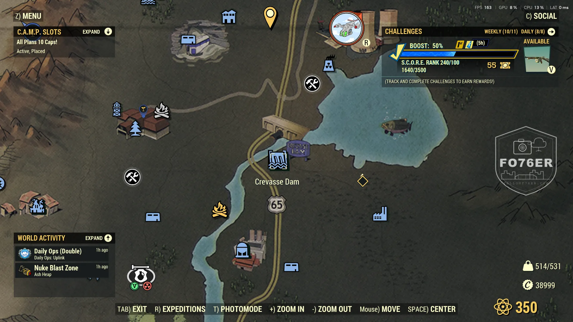 Mutant Hound spawn map — Crevasse Dam (The Mire), Fallout 76