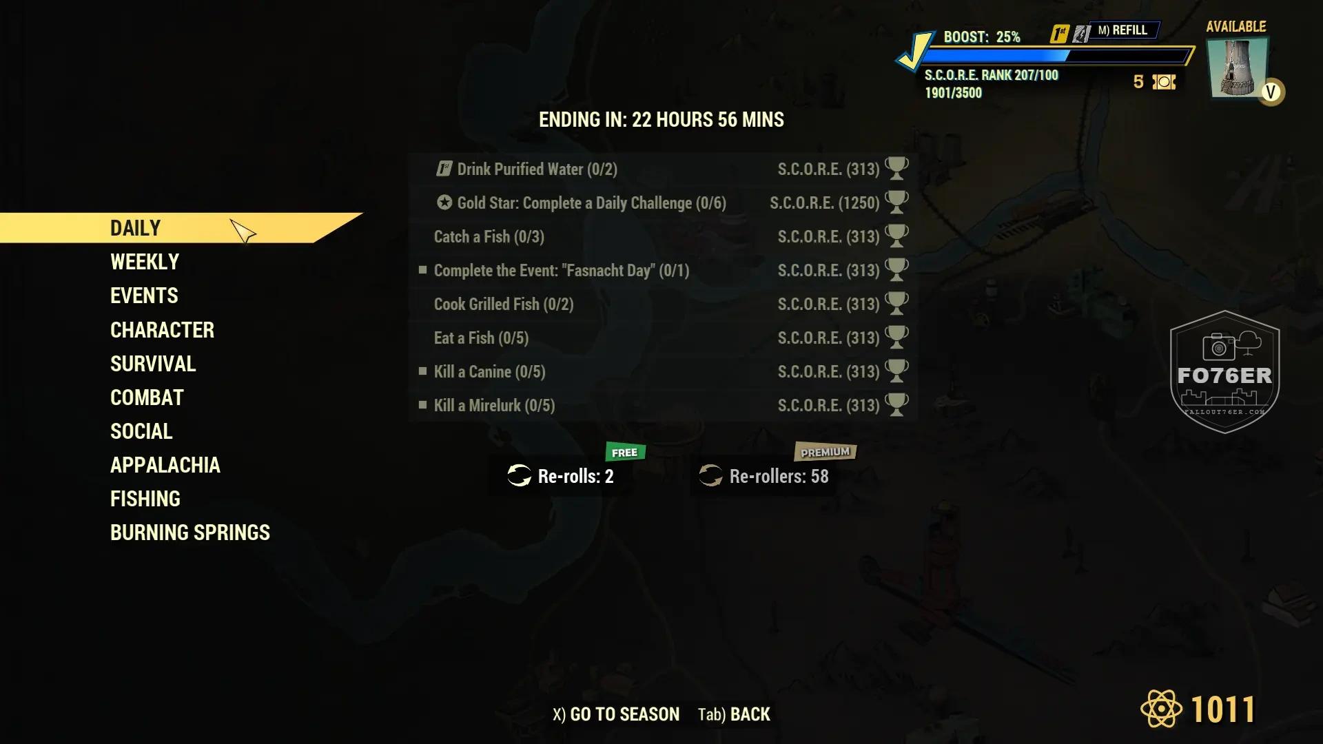 Fallout 76 S.C.O.R.E. daily challenge tracker screen showing Kill a Mirelurk and other objectives