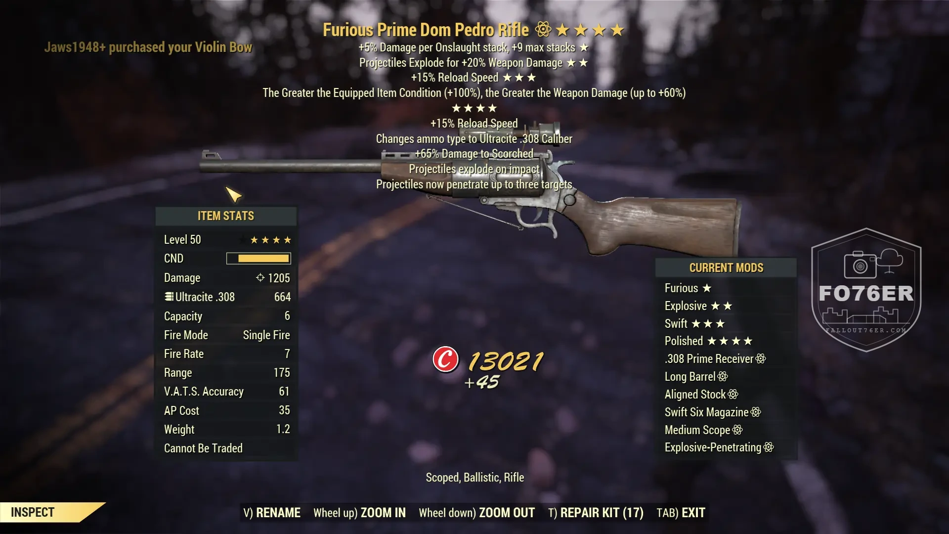 Furious Prime Dom Pedro lever action rifle — five-star legendary
