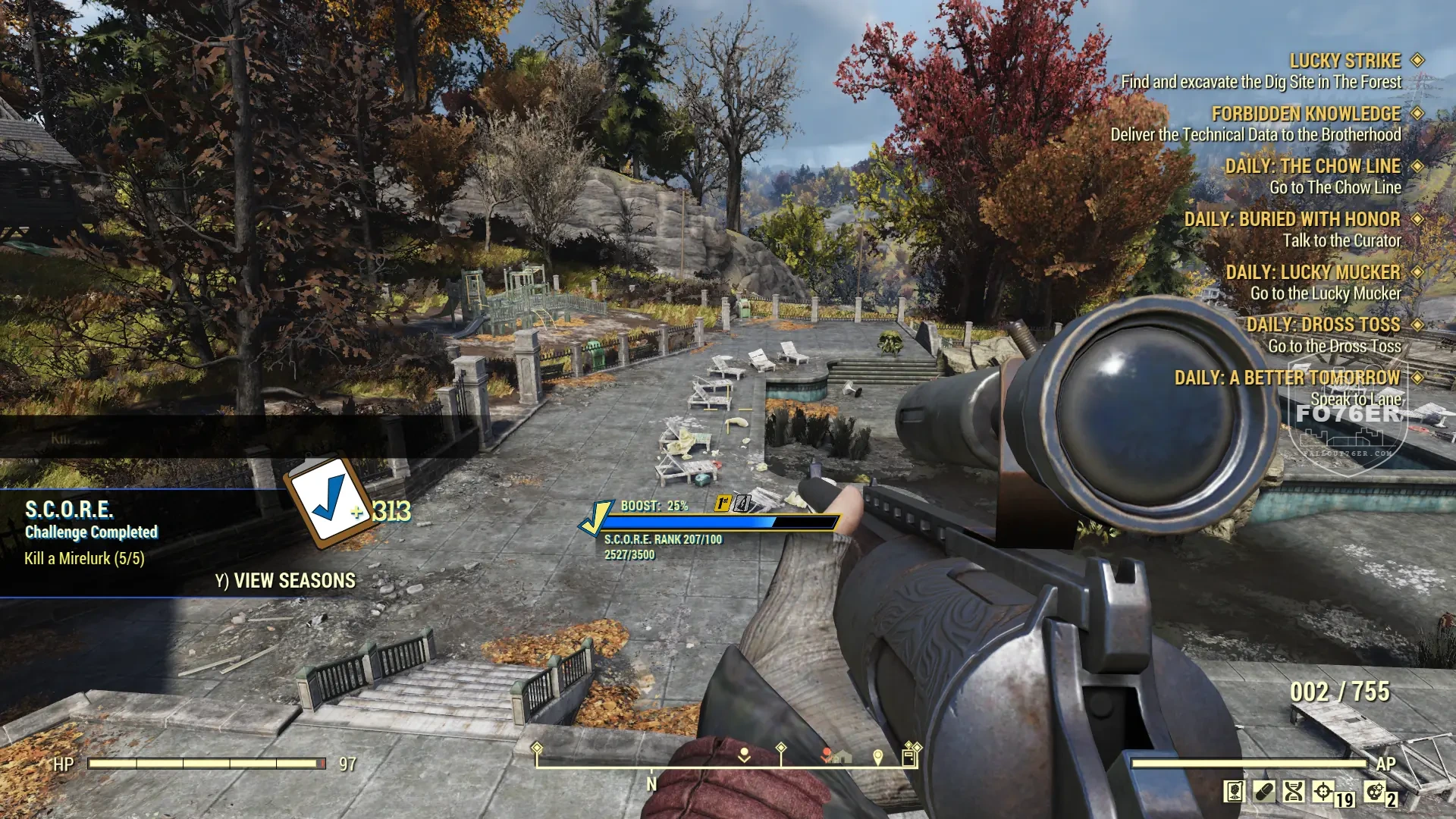 S.C.O.R.E. Challenge Completed notification for Kill a Mirelurk (5/5) in Fallout 76