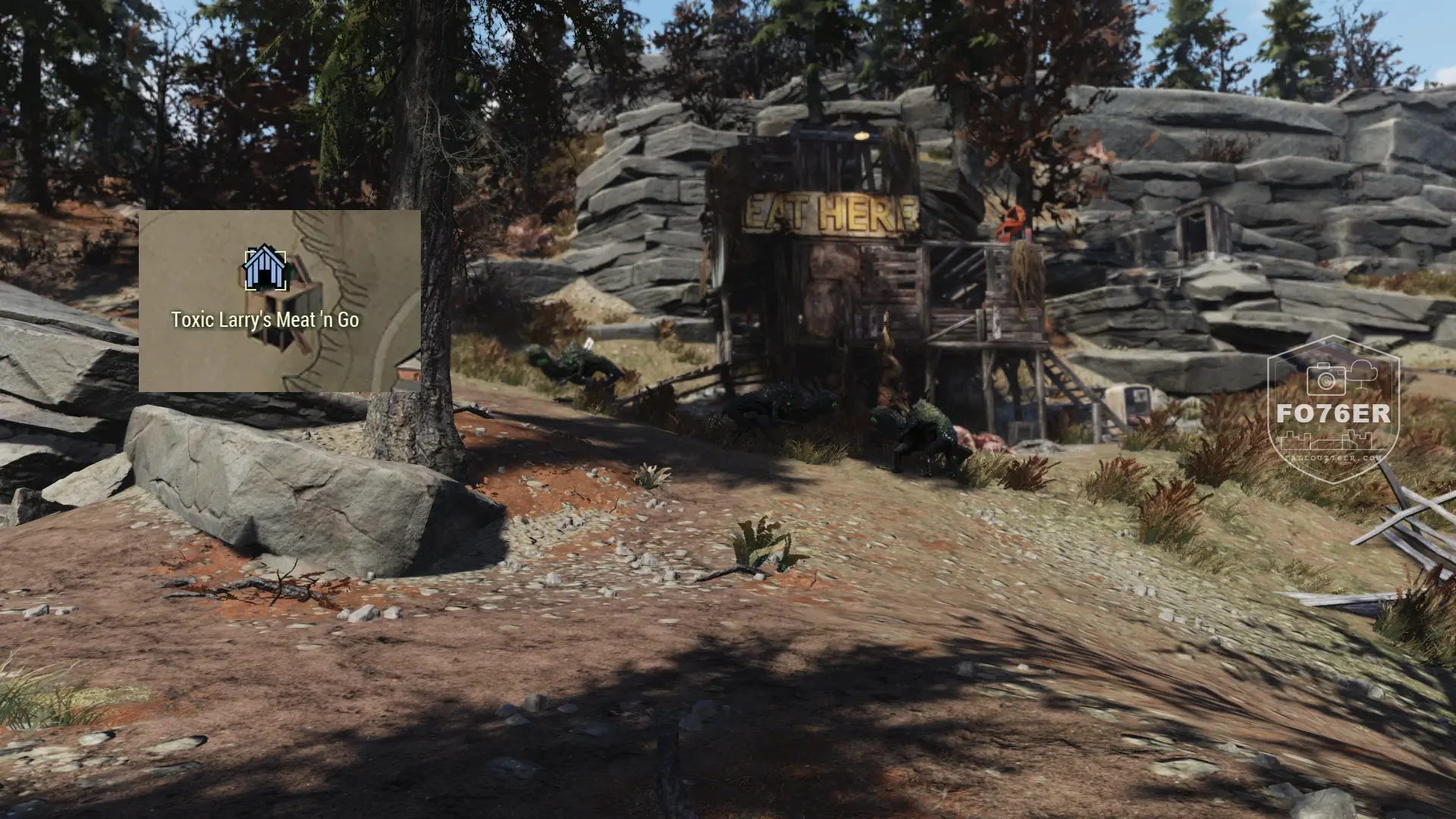 Toxic Larry's Meat 'n Go location marker with Snallygasters spawned nearby, Fallout 76
