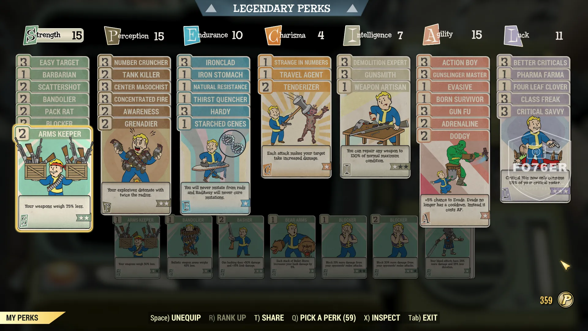 Fallout76er legendary perk card grid