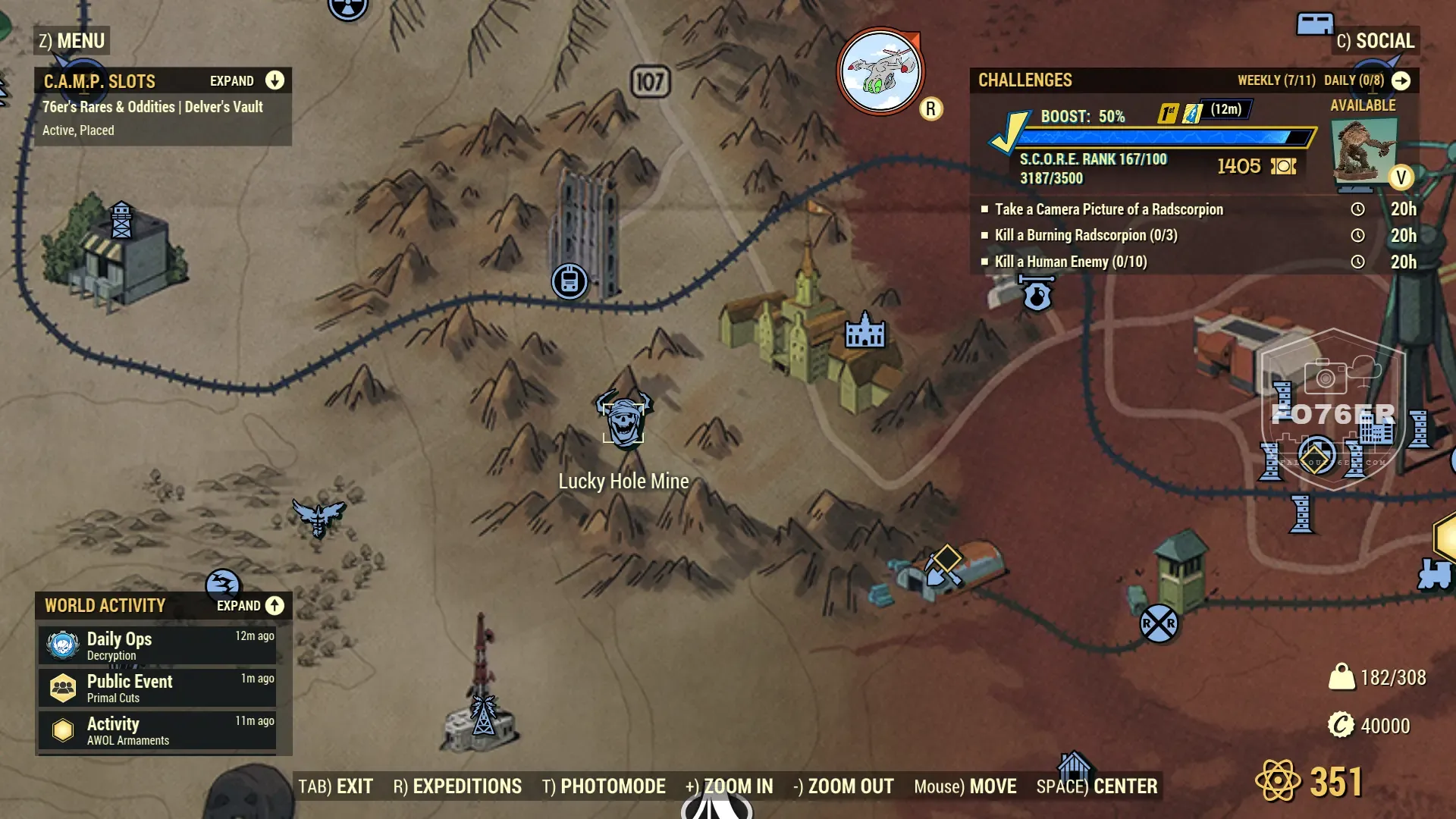 Cave Cricket spawn map — Lucky Hole Mine (Savage Divide), Fallout 76
