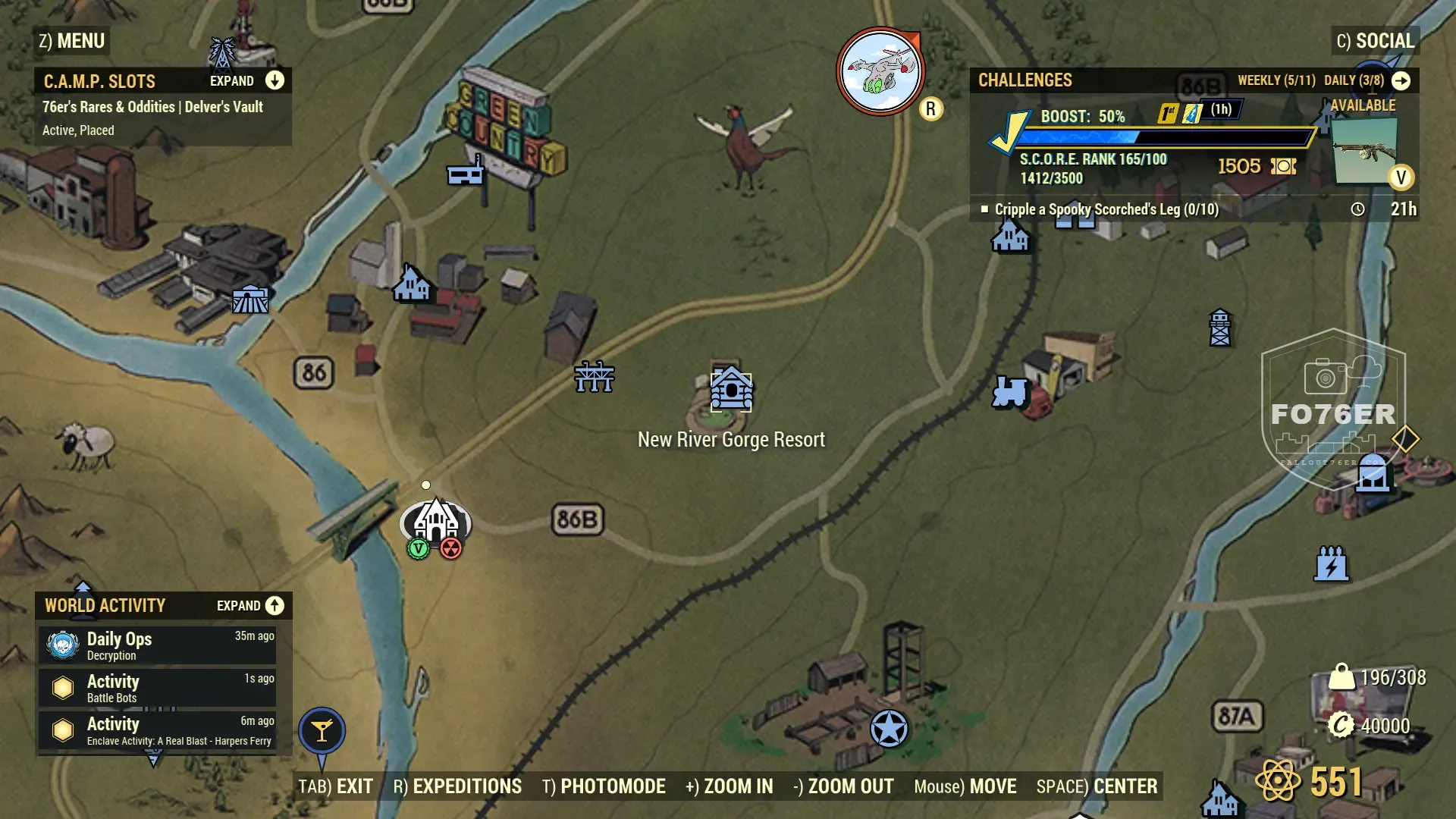 Bloodbug spawn map — New River Gorge Resort (The Forest), Fallout 76