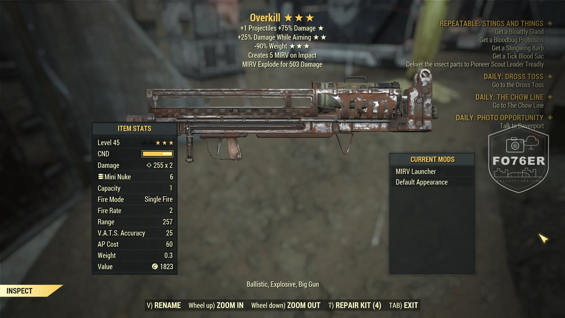 Overkill legendary Fat Man with MIRV Launcher mod — three-star legendary