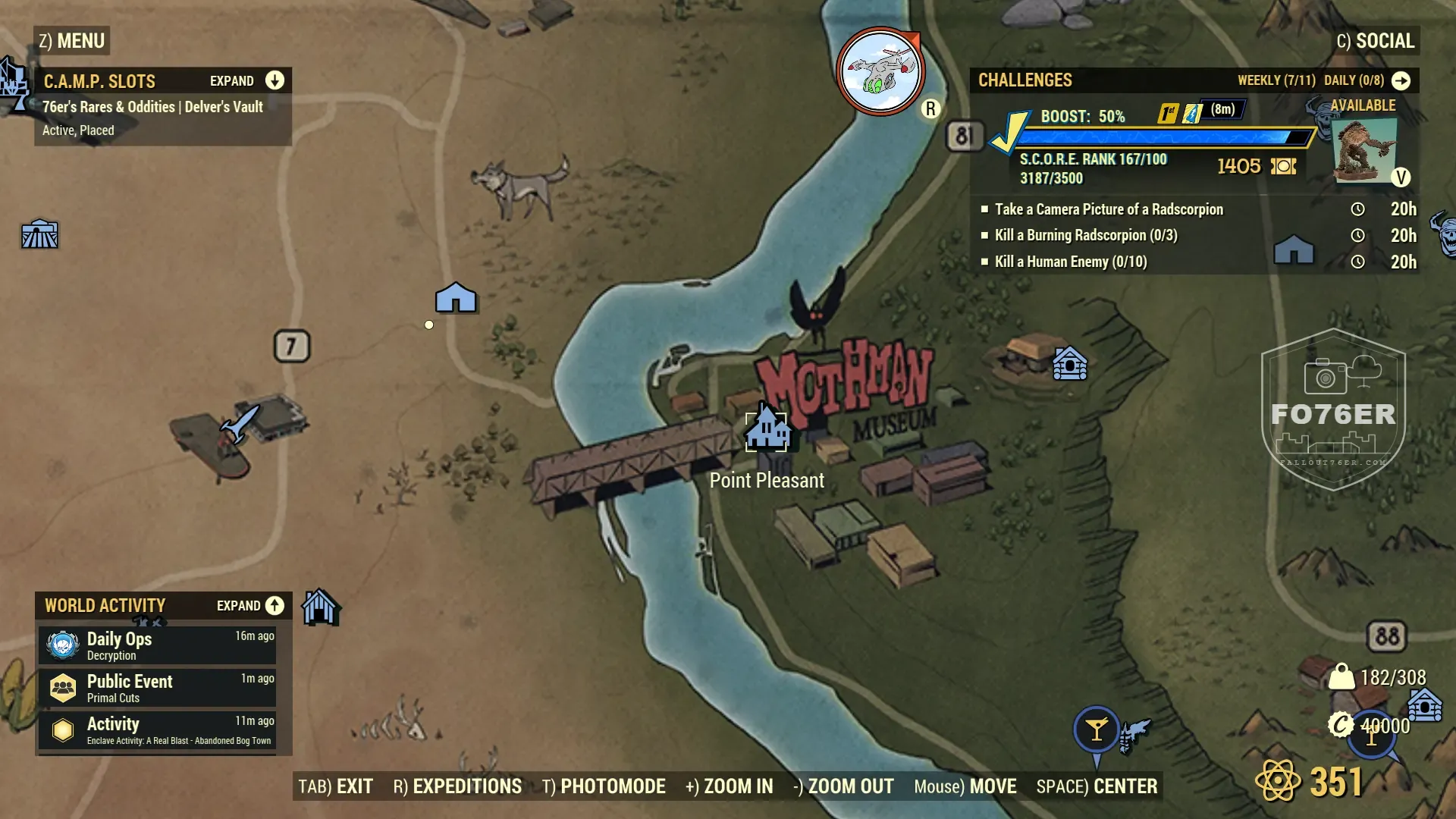 Mothman spawn map — Point Pleasant (Night) (The Forest), Fallout 76