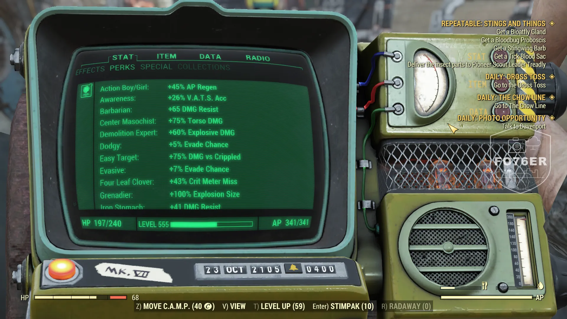 Fallout76er active perk card list