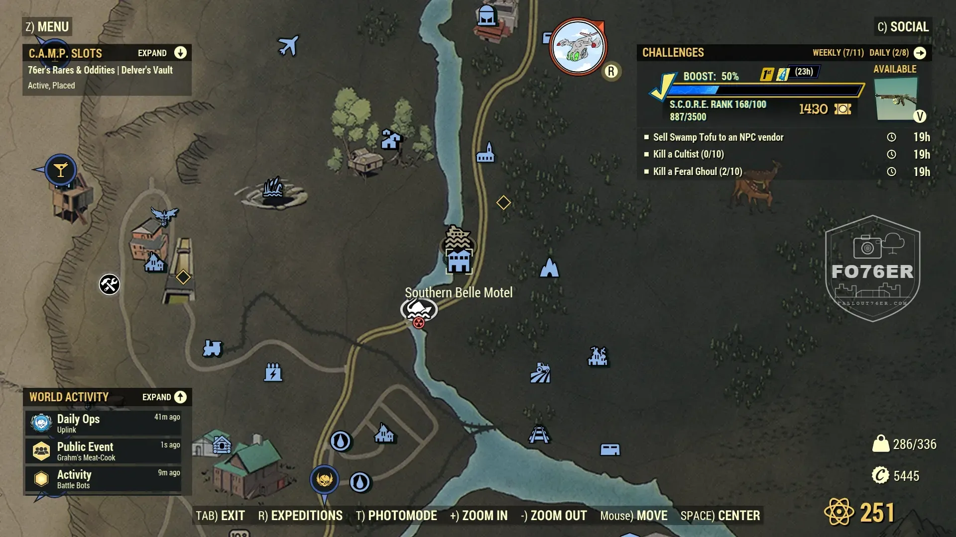 Mega Sloth spawn map — Southern Belle Motel (The Mire), Fallout 76