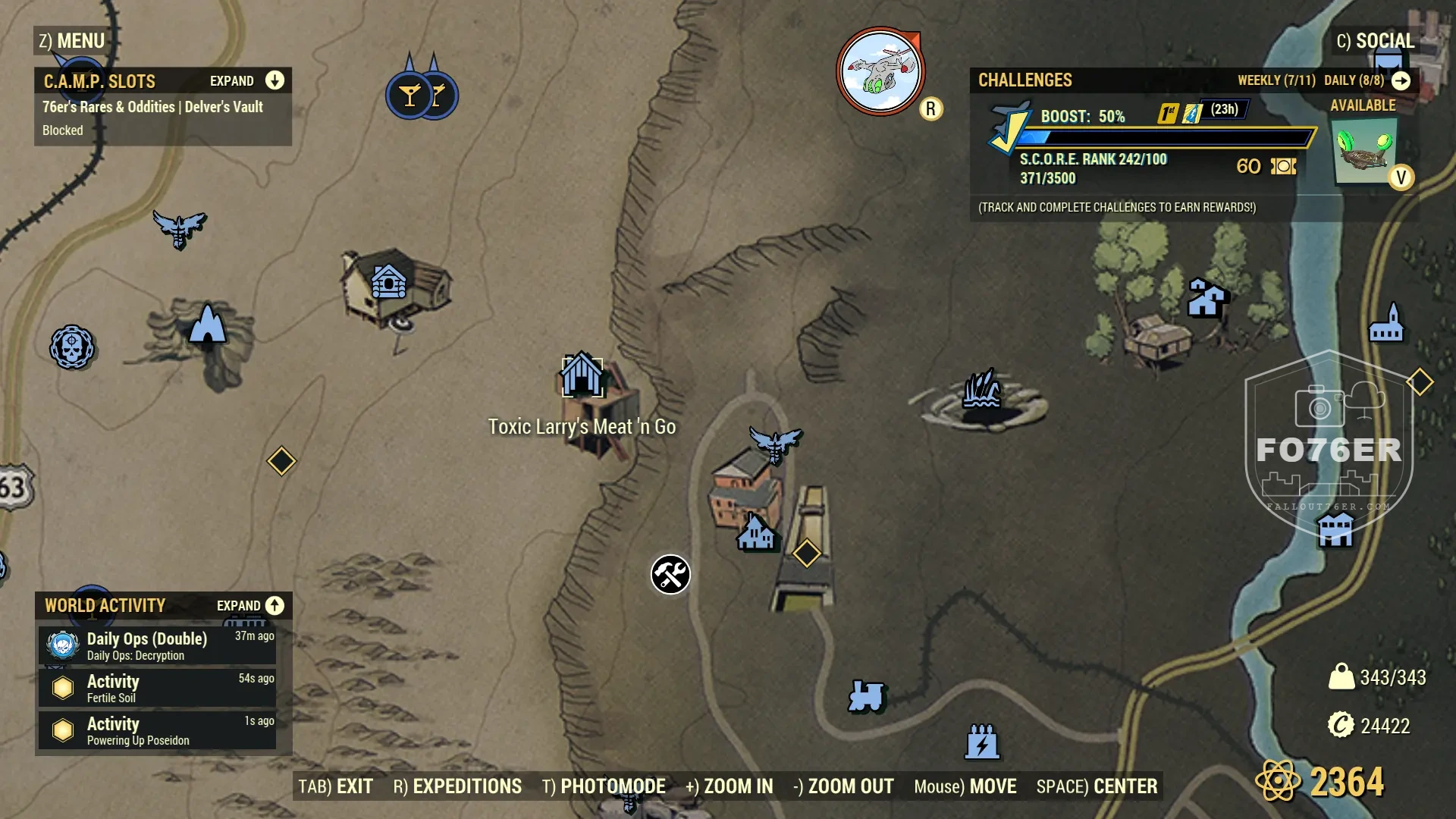 Snallygaster spawn map — Toxic Larry's Meat 'n Go (Savage Divide), Fallout 76