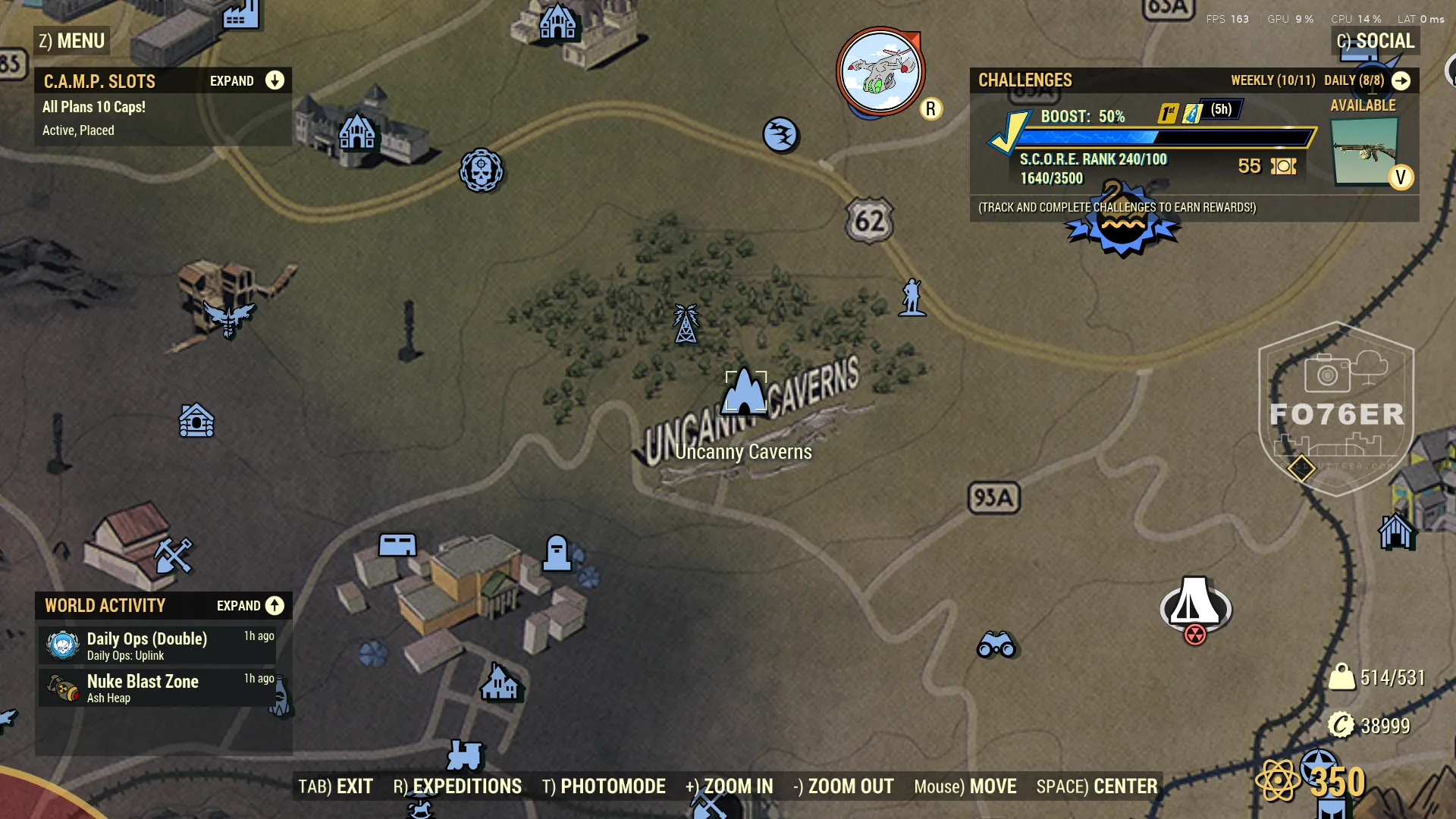 Cave Cricket spawn map — Uncanny Caverns (Cranberry Bog), Fallout 76