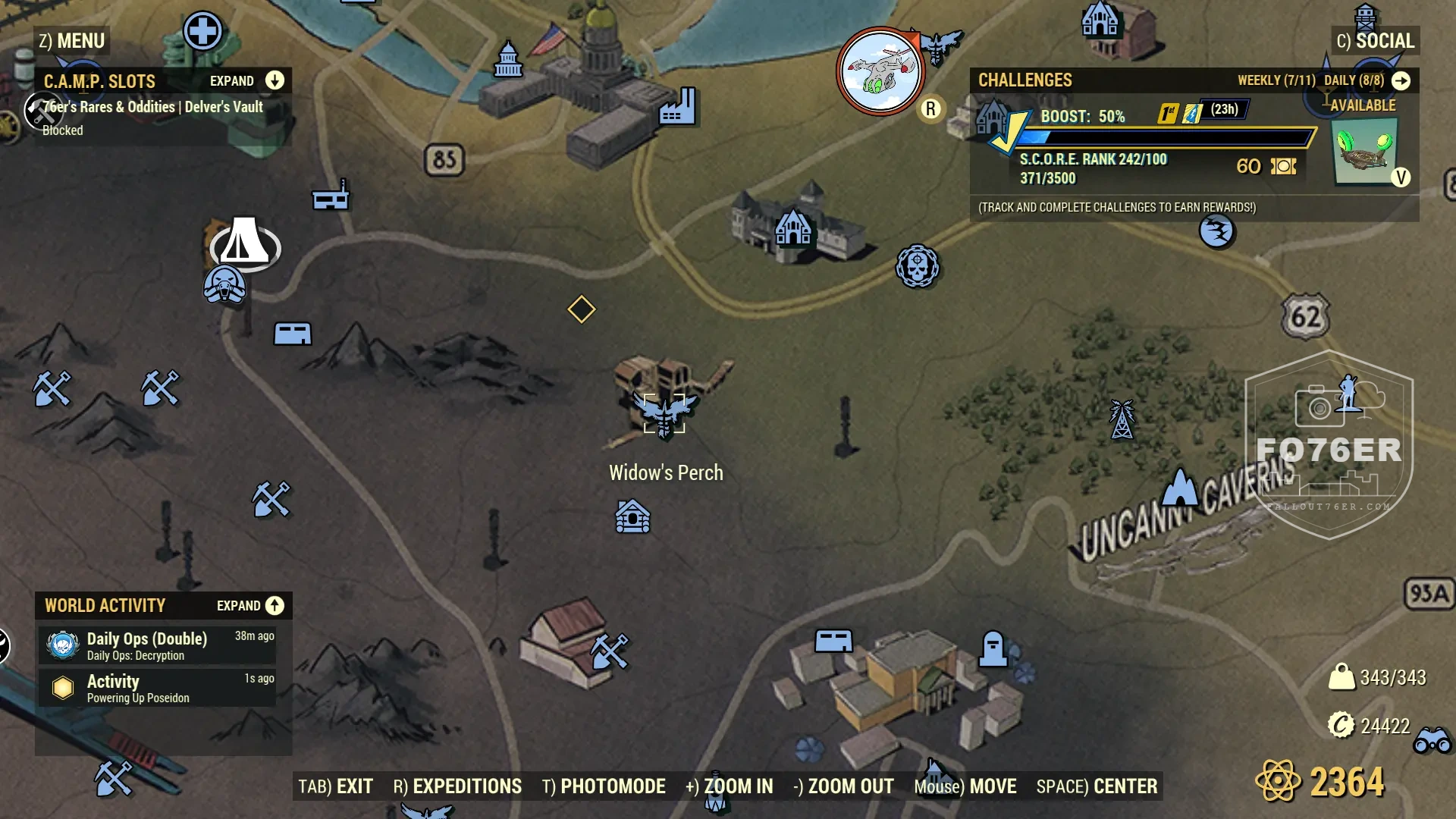 Deathclaw spawn map — Widow's Perch (Ash Heap), Fallout 76