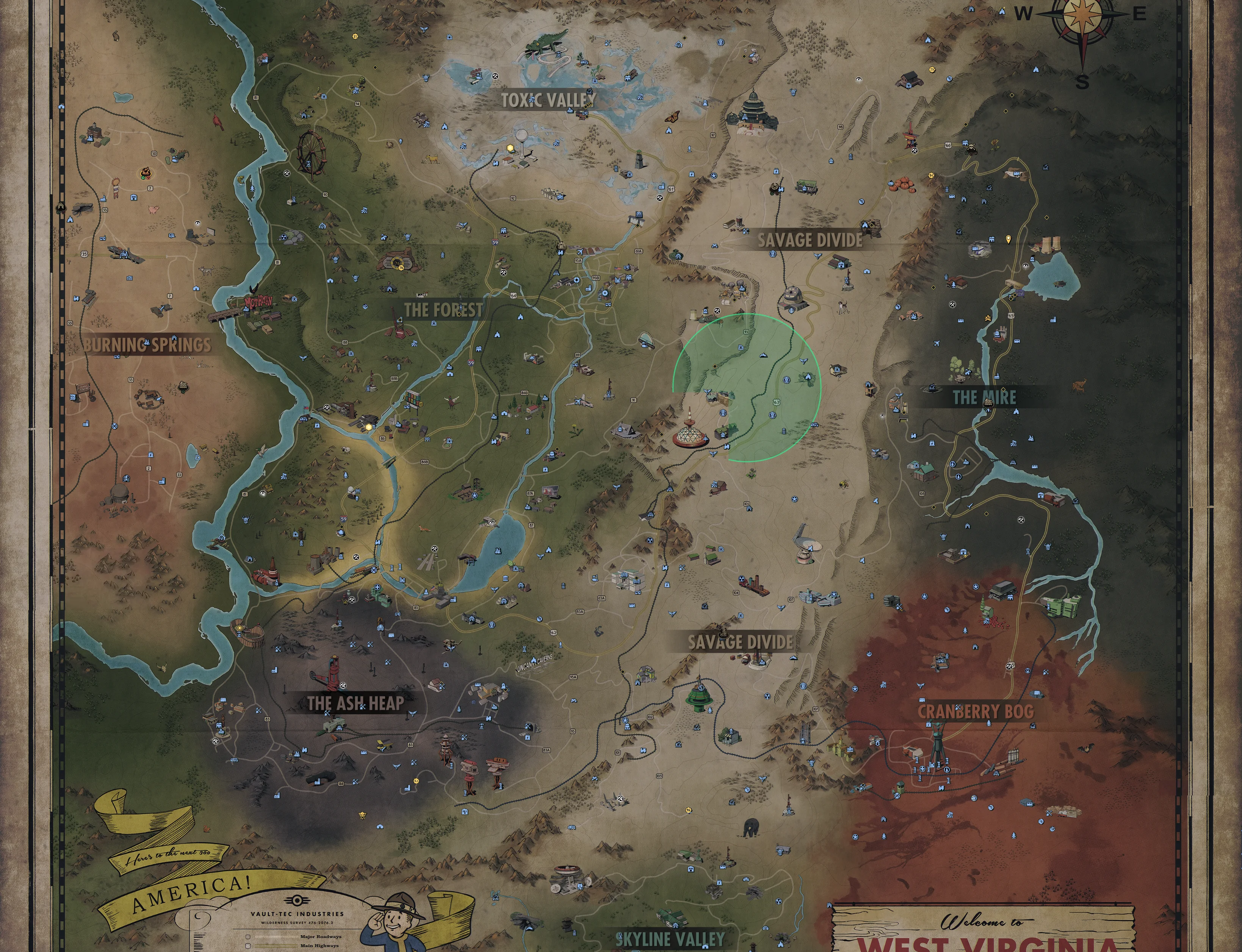 Hand-stitched map of Appalachia showing Fallout 76 treasure-map dig sites and landmarks